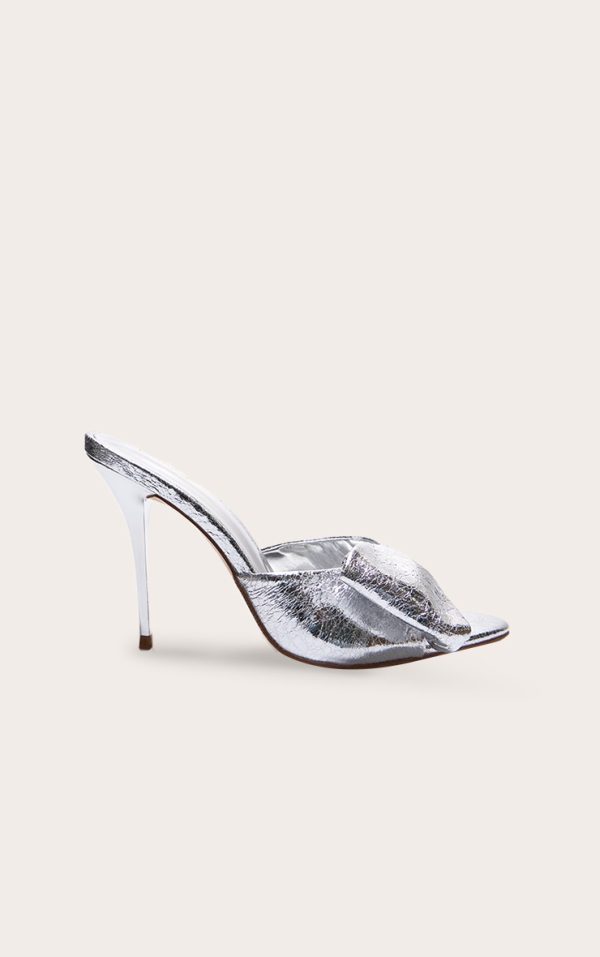 Silver PU Point Toe Half Bow Heeled Mules