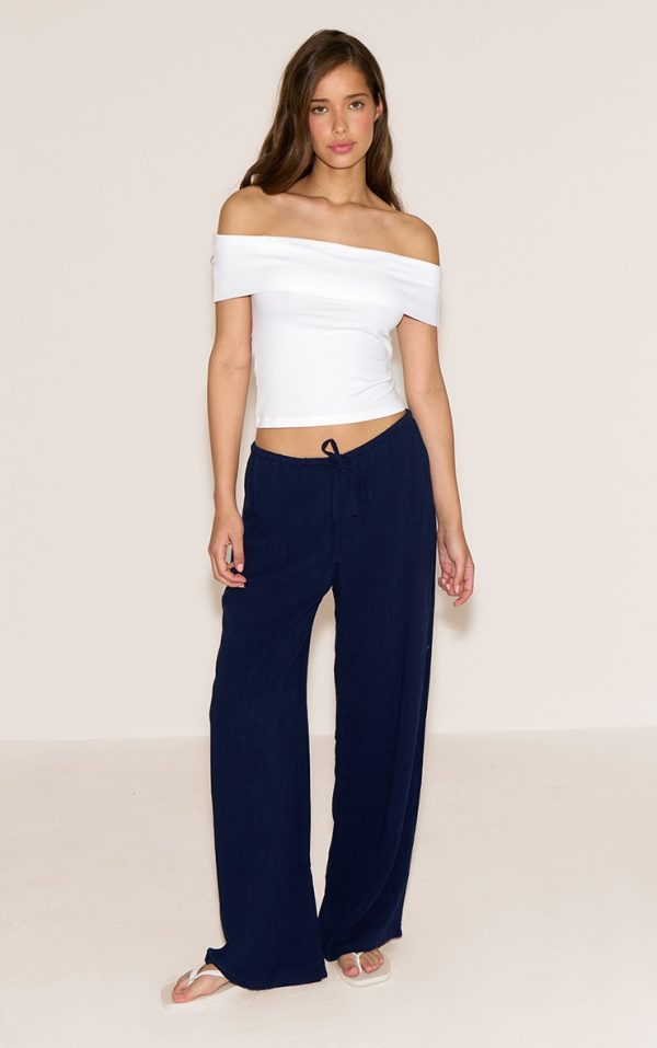 Navy Linen Look Floaty Drawstring Pants