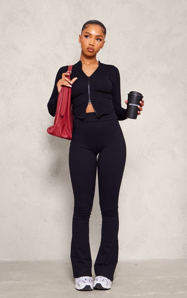 Black Snatched Rib Double Zip Top