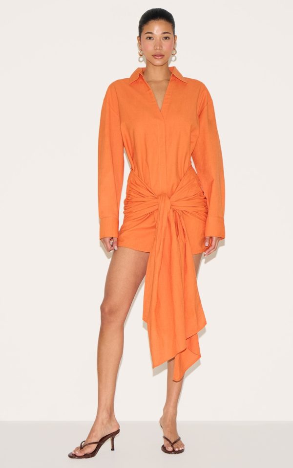 Burnt Orange Wrap Detail Shirt Dress