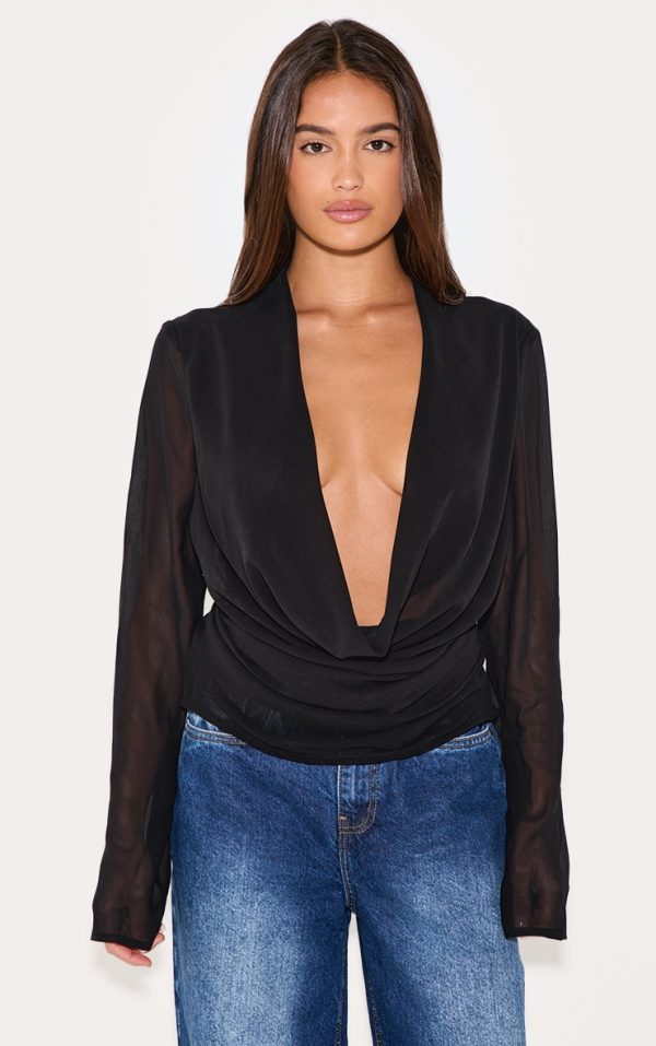 Black Chiffon Long Sleeve Sheer Cowl Blouse