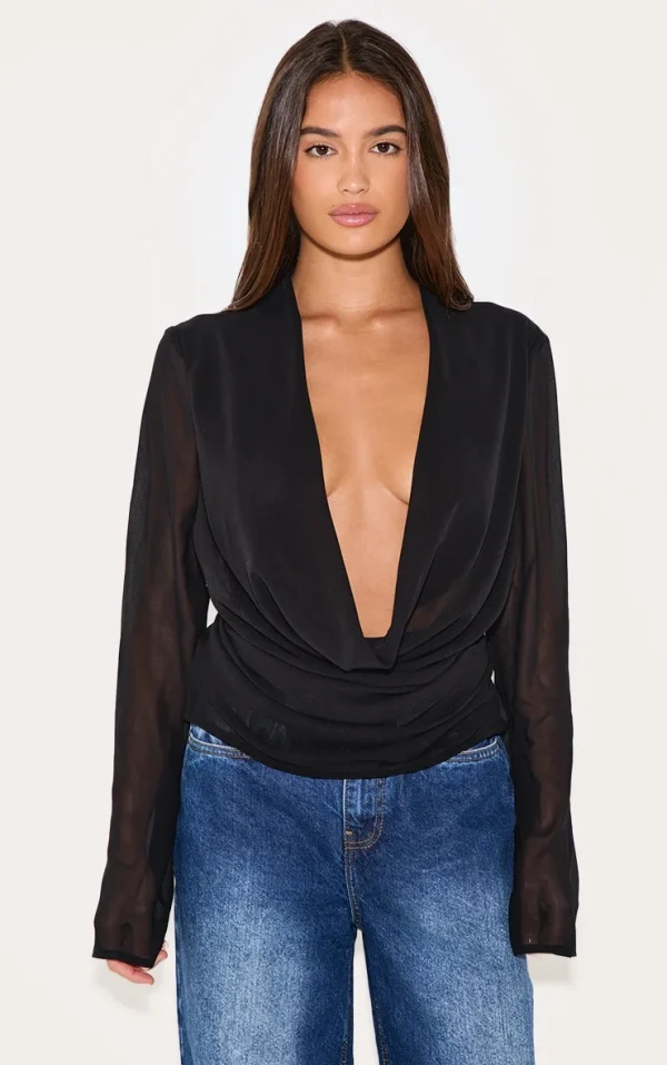 Black Chiffon Long Sleeve Sheer Cowl Blouse