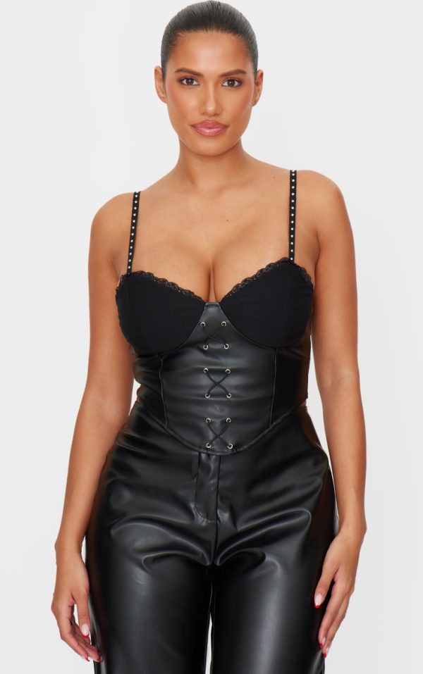 Shape Black Faux Leather Lace Insert Corset Top