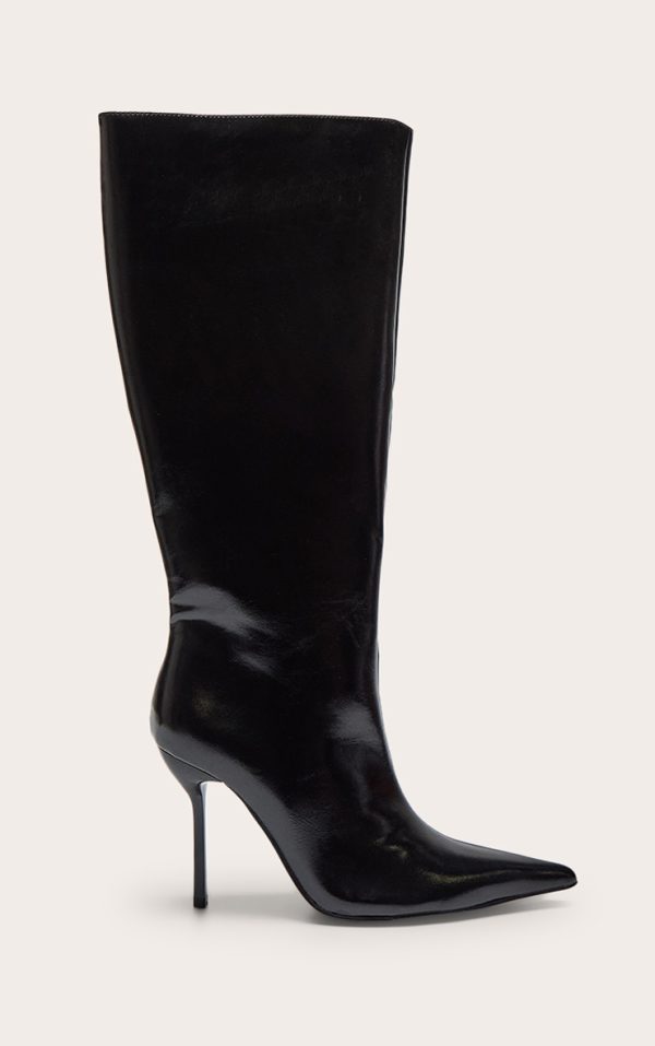 Black PU Point Toe Knee High Stiletto Heeled Boots