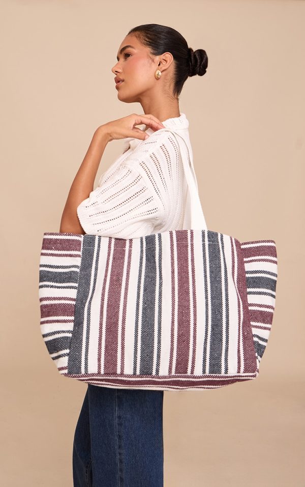 Navy and Burgundy Striped Beach Bag