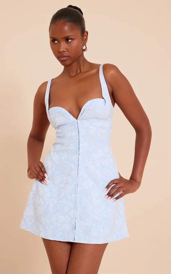 Pale Blue Jacquard Plunge Hook And Eye Shift Dress
