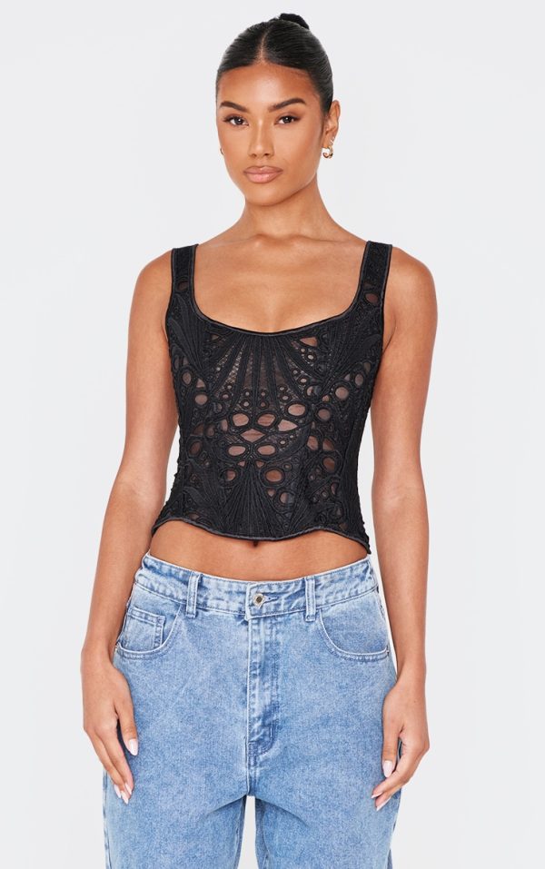 Black Textured Sheer Floral Square Neck Corset