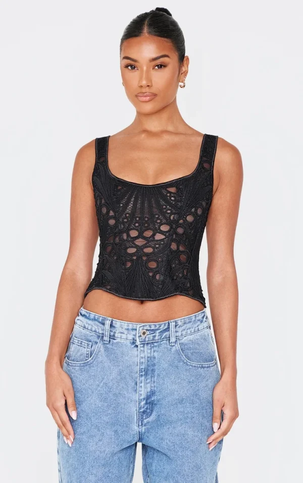 Black Textured Sheer Floral Square Neck Corset