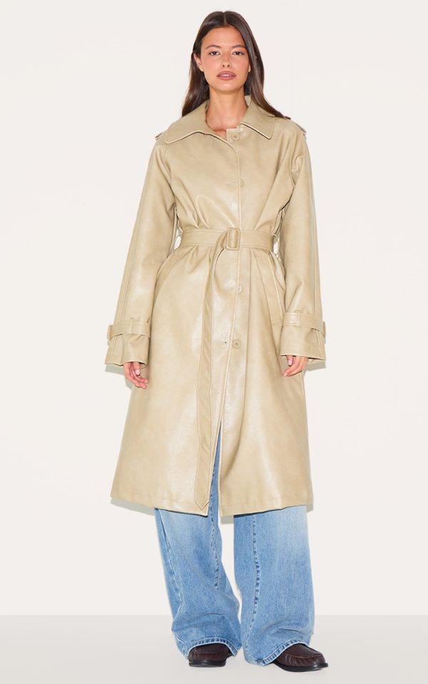 Cream Mid Length Faux Leather Trench Coat