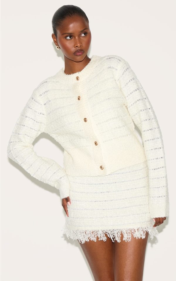 Cream Boucle Knit Button Through Cardigan