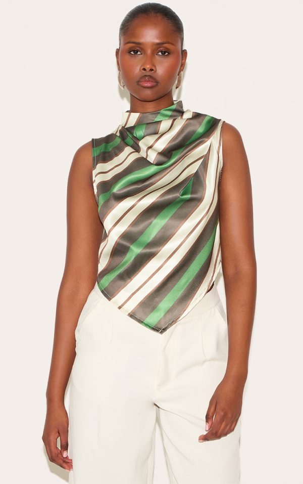 Green Satin Stripe High Neck Cowl Top