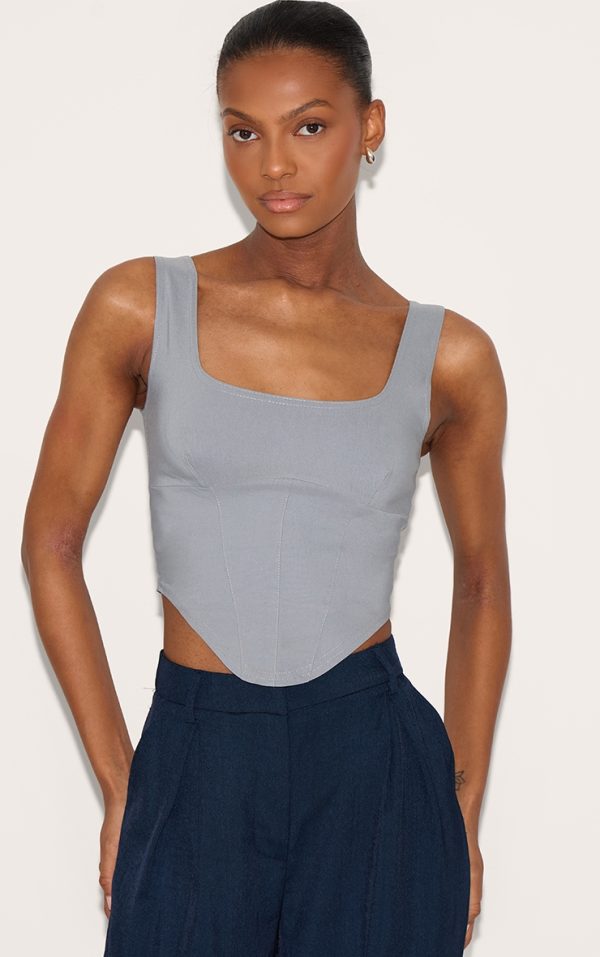 Light Grey Stretch Woven Square Neck Corset Top