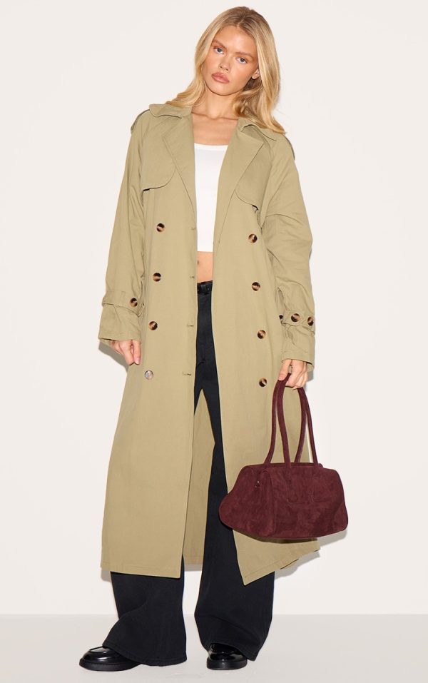 Khaki Panel Detail Belted Trench Coat