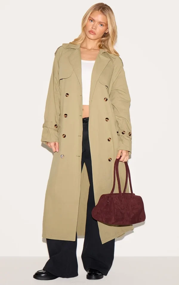 Khaki Panel Detail Belted Trench Coat