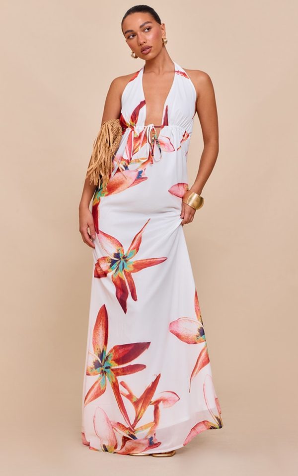 Cream Printed Plunge Tie Detail Maxi Dress