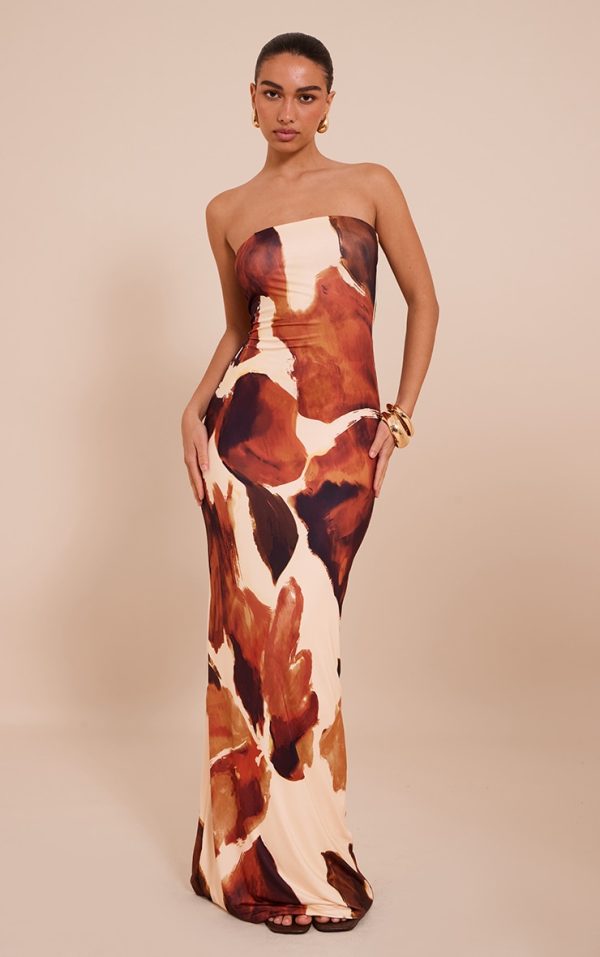 Rust Floral Printed Bandeau Maxi Dress