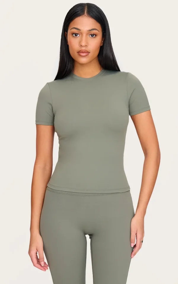 Tall Olive Sculpt Longline Short Sleeved Gym Top