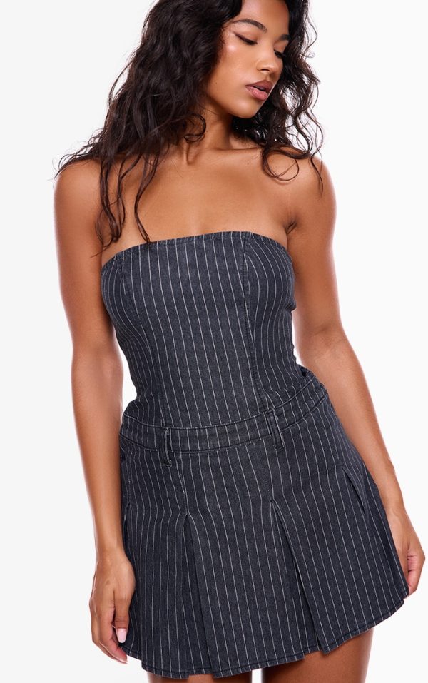 Navy Pinstripe Denim Pleated Bandeau Skater Dress