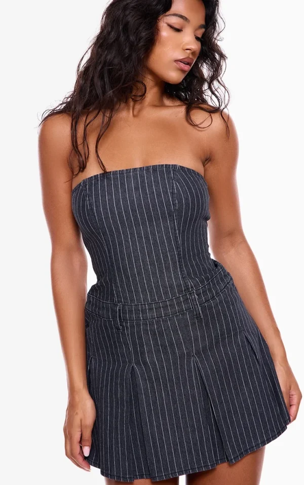 Navy Pinstripe Denim Pleated Bandeau Skater Dress