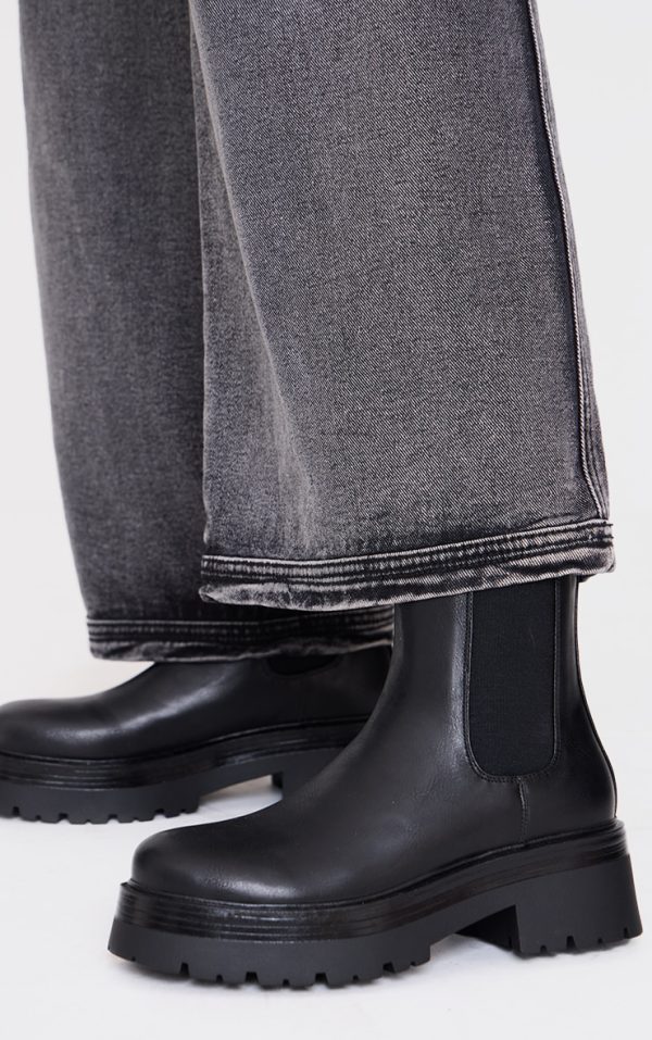 Black Round Toe Chunky Sole Elastic Chelsea Boots
