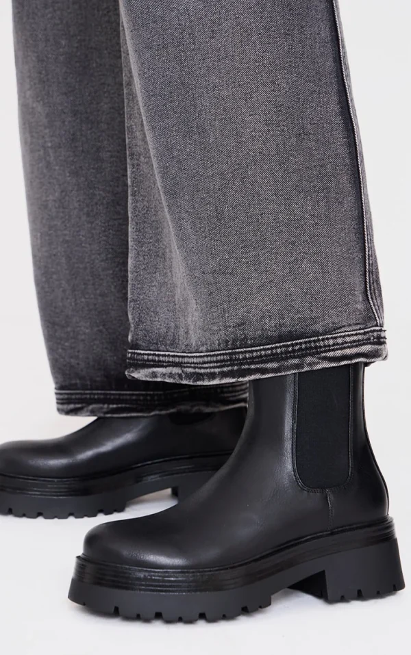 Black Round Toe Chunky Sole Elastic Chelsea Boots