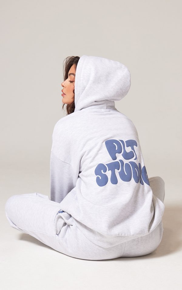 PRETTYLITTLETHING Ash Grey Premium Studio Print Oversized Hoodie