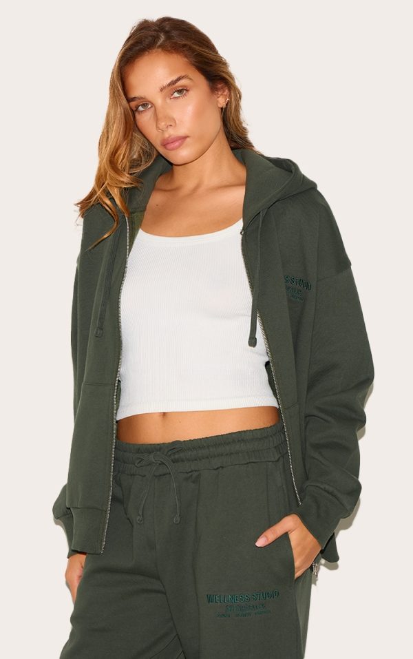 Khaki Wellness Premium Embroidered Zip Front Oversized Hoodie