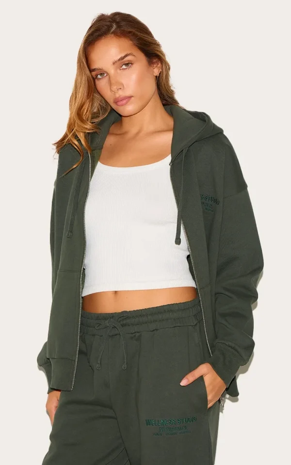 Khaki Wellness Premium Embroidered Zip Front Oversized Hoodie