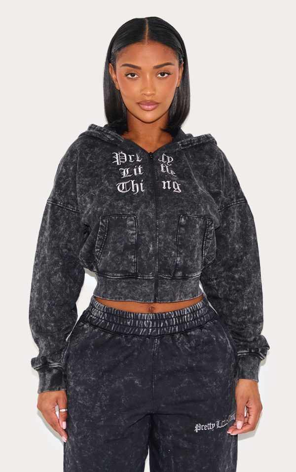 PRETTYLITTLETHING Shape Charcoal Grey Printed Zip Through Washed Hoodie