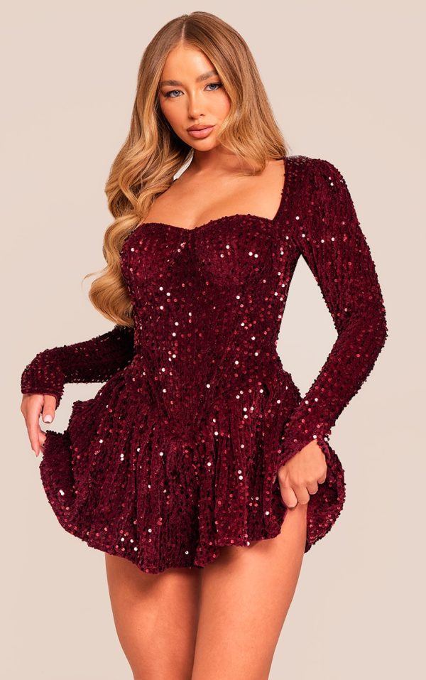 Burgundy Sequin Cup Detail Long Sleeve Skater Romper