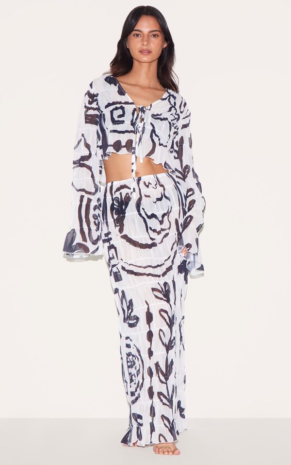 White Monochrome Chiffon Floral Maxi Beach Skirt