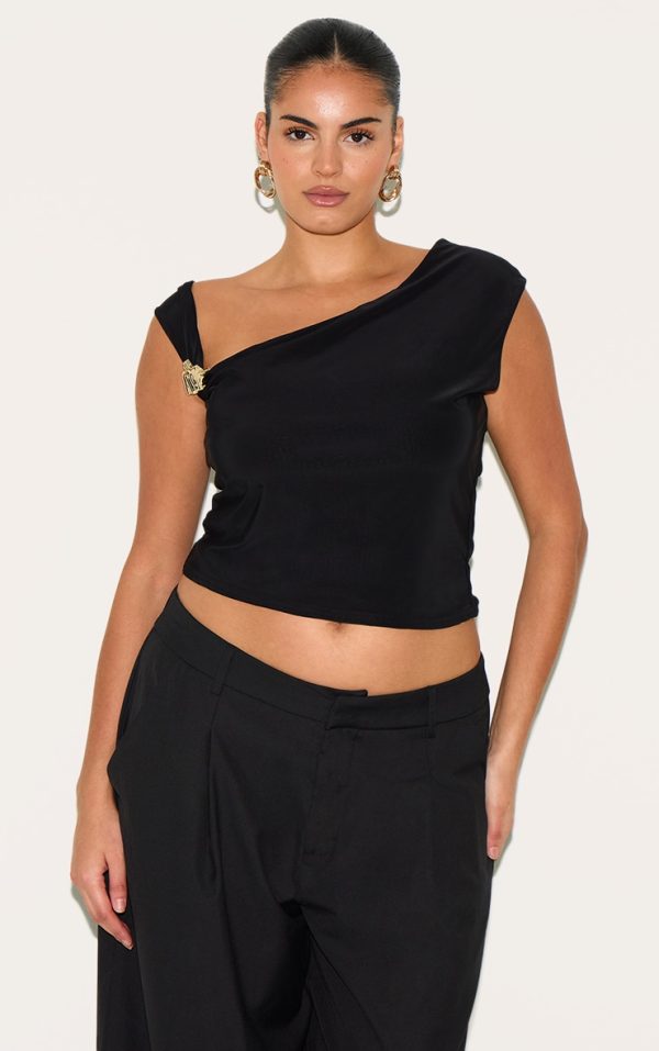 Plus Black Double Layer Slinky Trim Detail Asymmetric Top