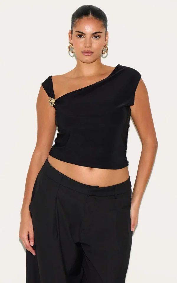 Plus Black Double Layer Slinky Trim Detail Asymmetric Top