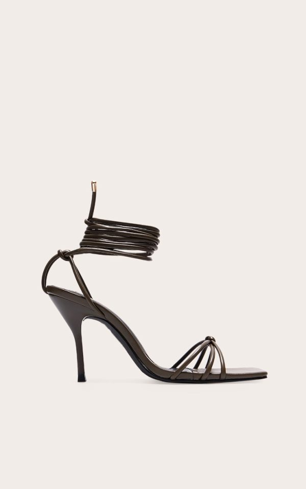 Wide Fit Olive PU Square Toe Lace Up High Stiletto Heeled Sandals
