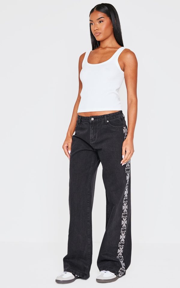 Washed Black Diamante Cross Detail Jeans