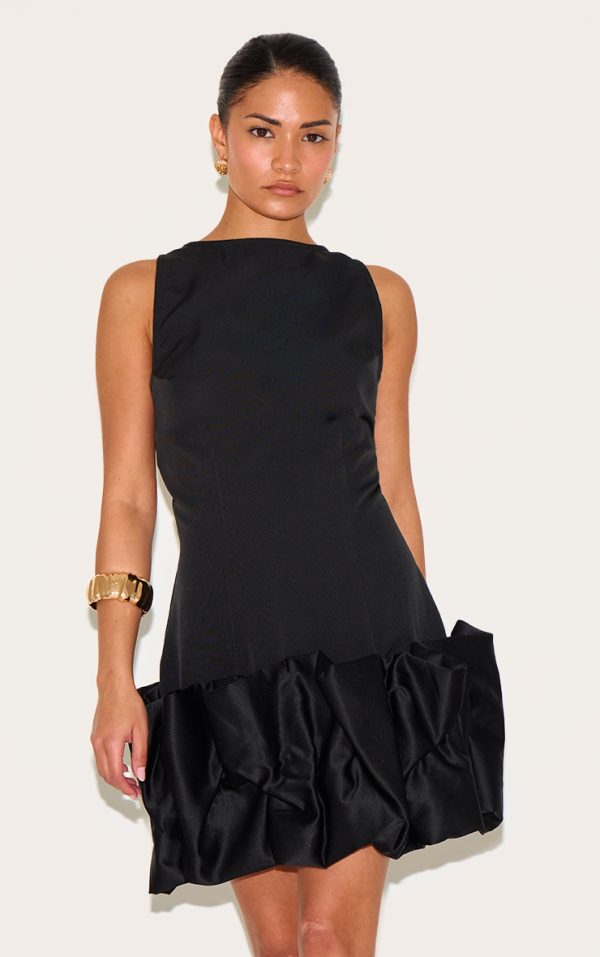 Petite Black Satin Puffball Mini Dress
