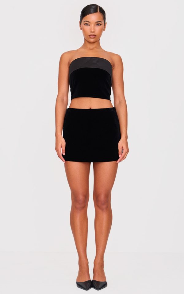 Black Velvet Satin Trim A Line Mini Skirt