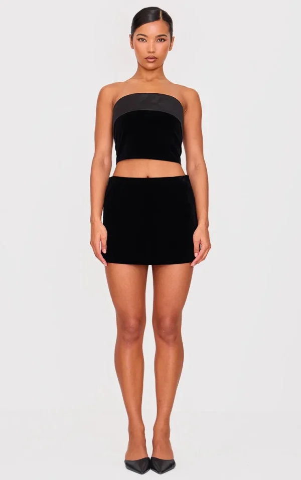 Black Velvet Satin Trim A Line Mini Skirt