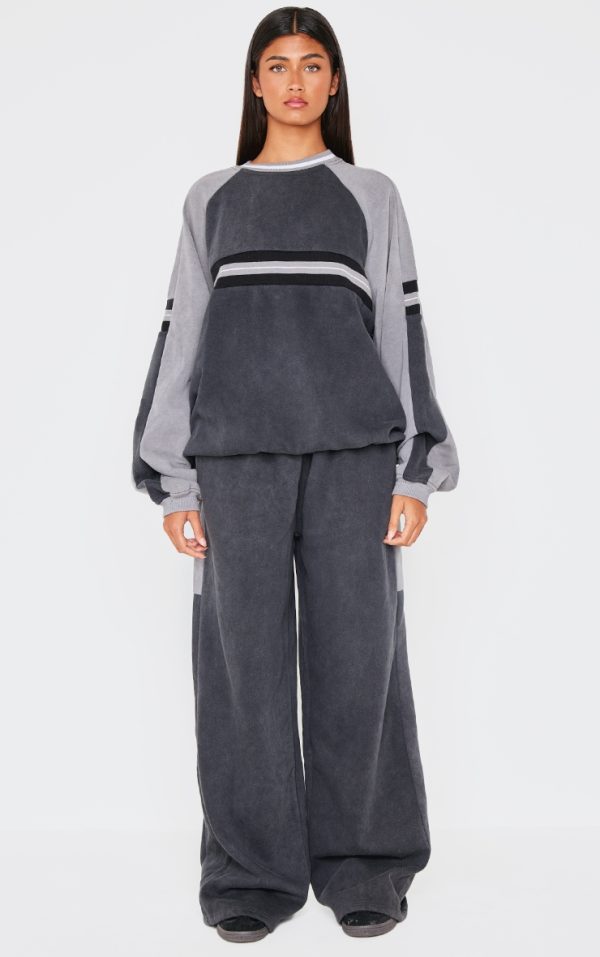 Washed Charcoal Striped Rib Panel Wide Leg Sweatpants