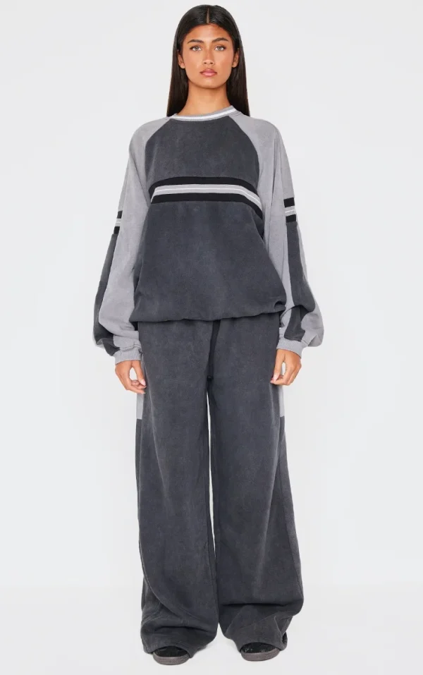 Washed Charcoal Striped Rib Panel Wide Leg Sweatpants