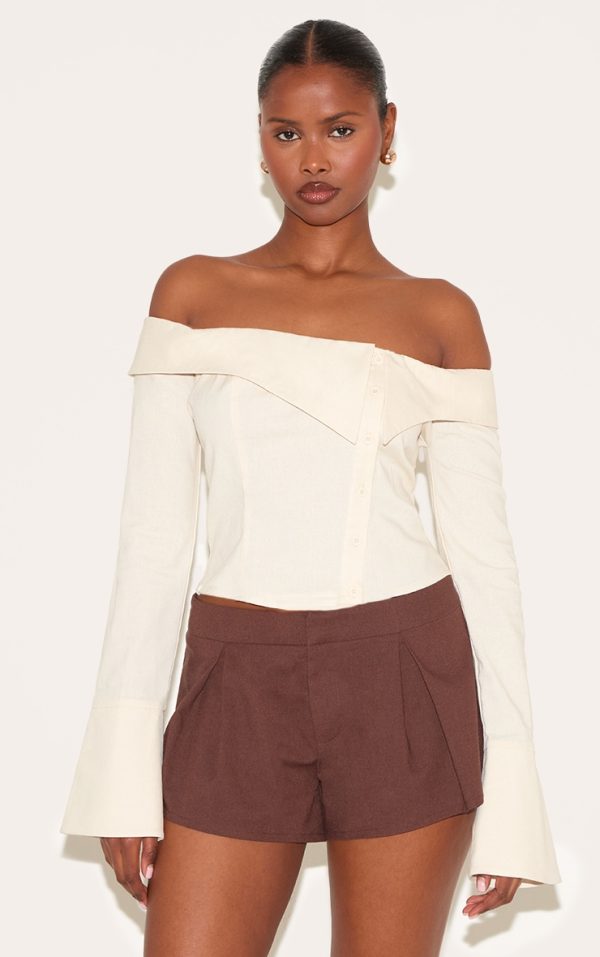 Butter Yellow Linen Blend Bardot Button Up Shirt