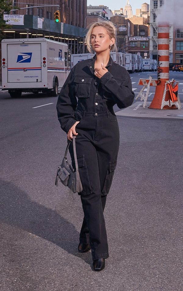 Washed Black Denim Cargo Wide Leg Jumpsuit