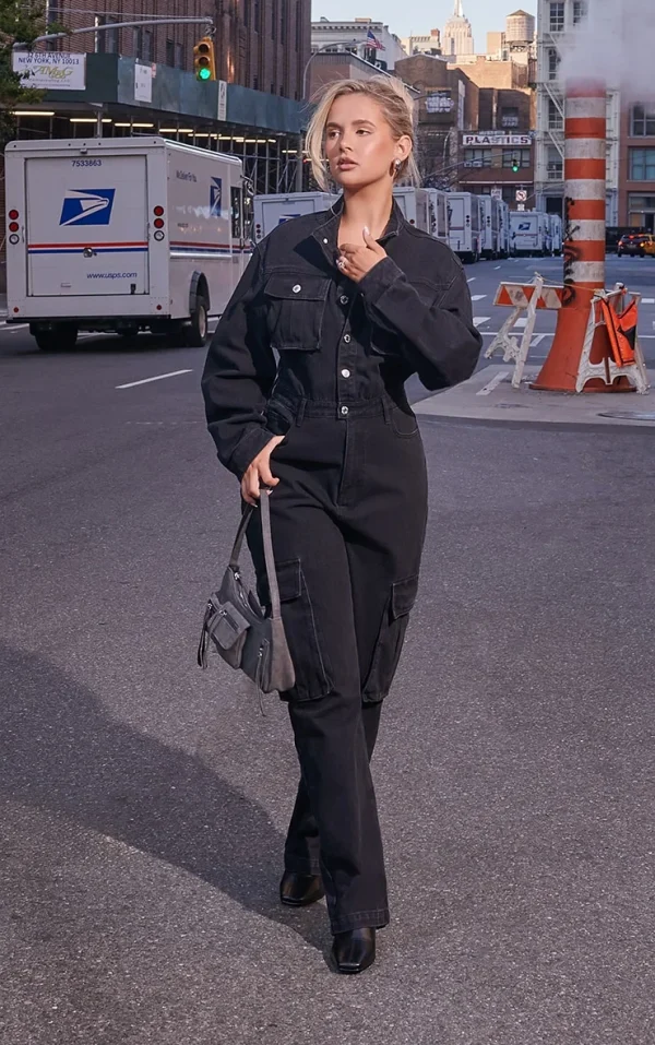 Washed Black Denim Cargo Wide Leg Jumpsuit