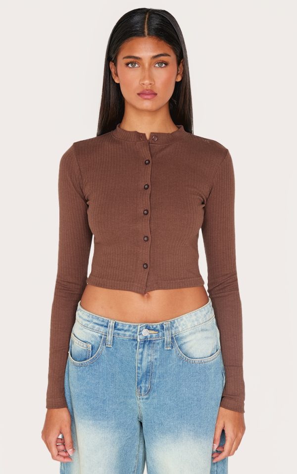 Chocolate Ribbed Button Down Detail Long Sleeve Top