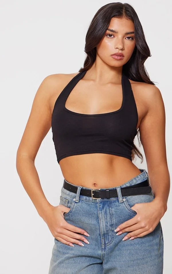 Black Basic Cotton Blend Halterneck Crop Top
