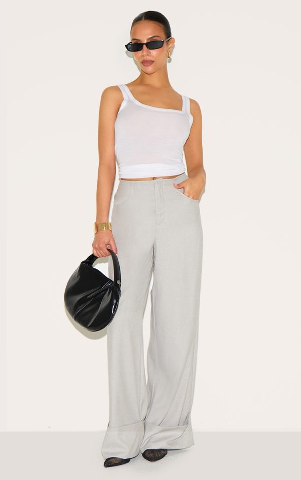 Petite Grey Invisible Waistband Wide Leg Turn Up Pants