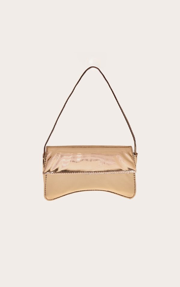 Gold PU Flap Over Baguette Shoulder Bag