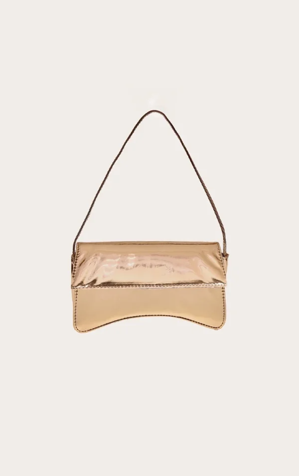 Gold PU Flap Over Baguette Shoulder Bag