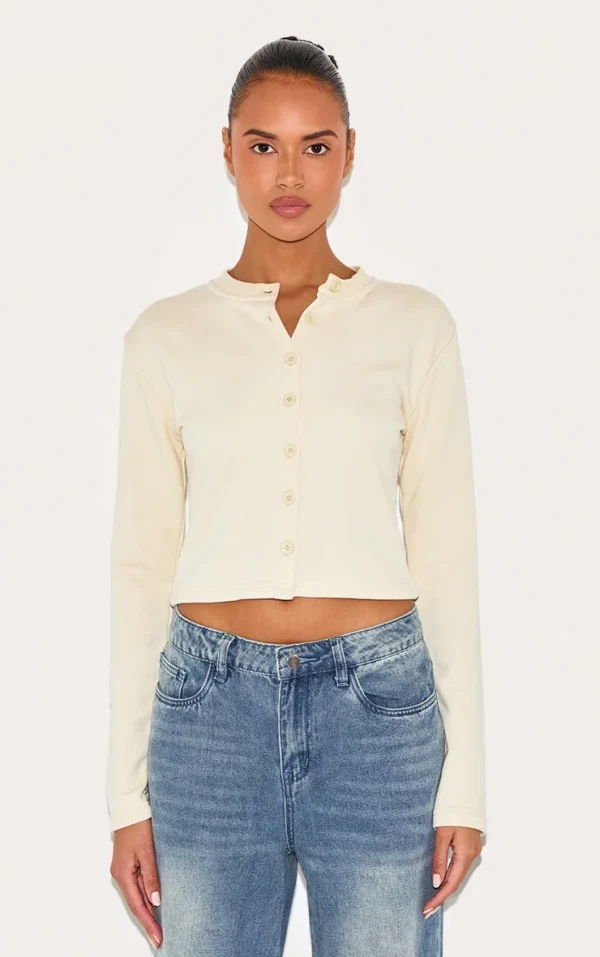 Cream Button Up Fitted Sweatshirt