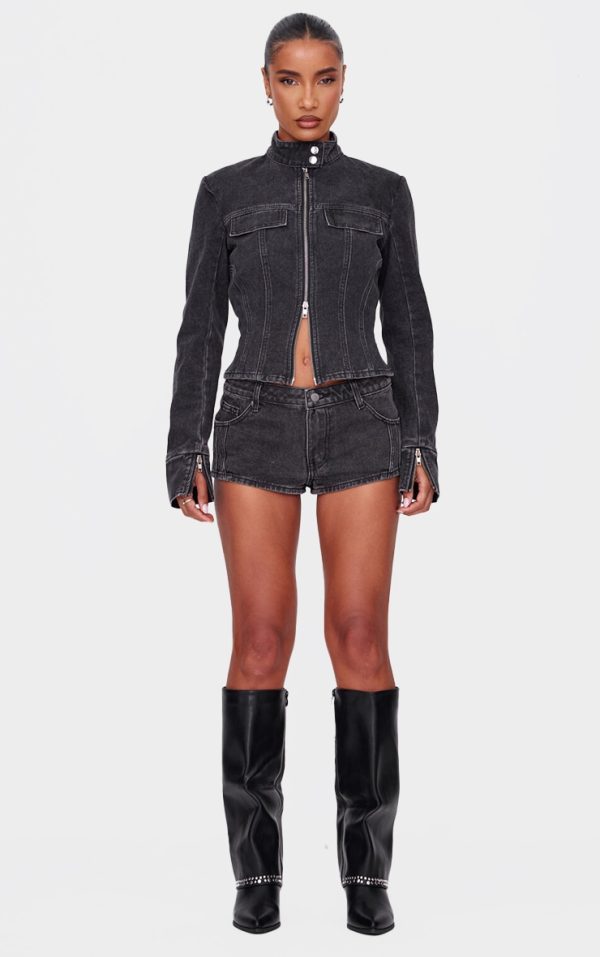 Washed Black Seam Detail Denim Hotpants